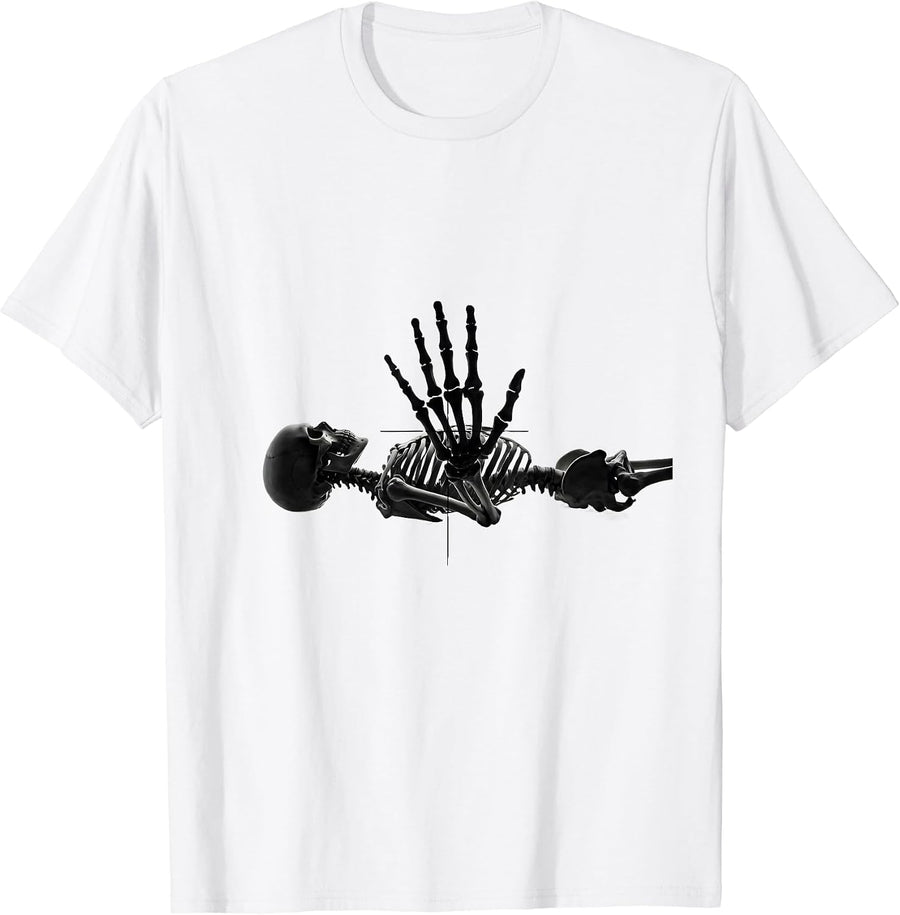 Men's Skeleton Stop Gesture Minimalist Radiology Tech Halloween T-Shirt - White
