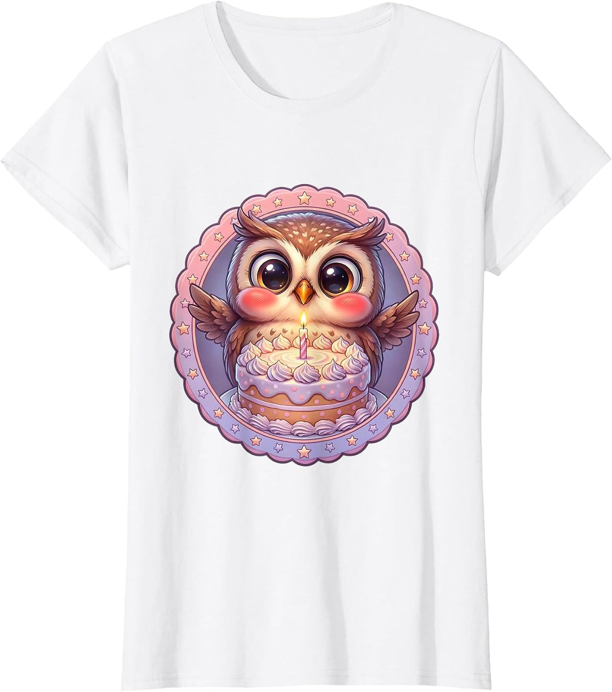 Owl Birthday Cake Candle Celebration Graphic T-Shirt - White