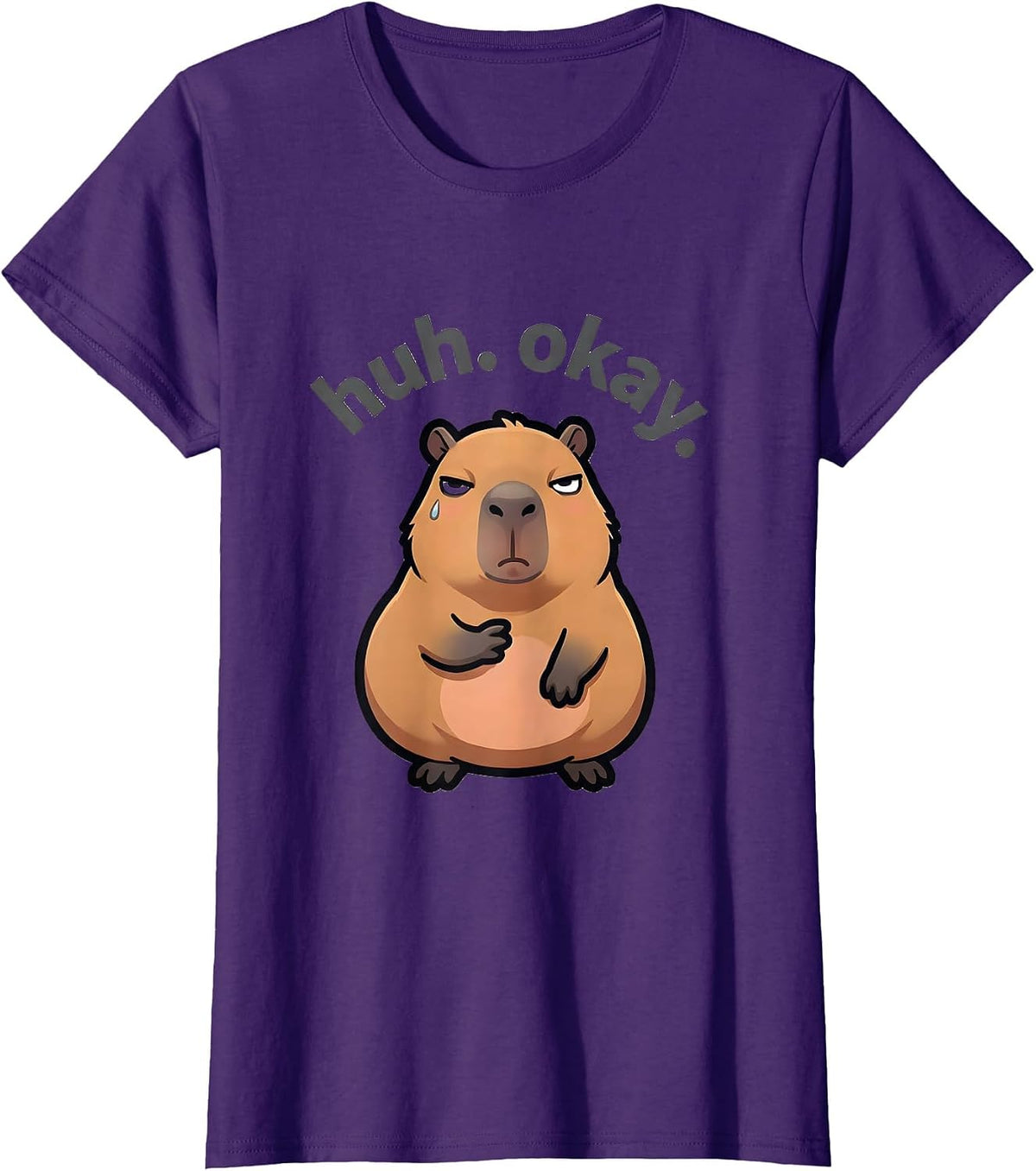 Women's huh. okay. Kawaii Capybara Cartoon Anime Meme Humor T-Shirt - Purple