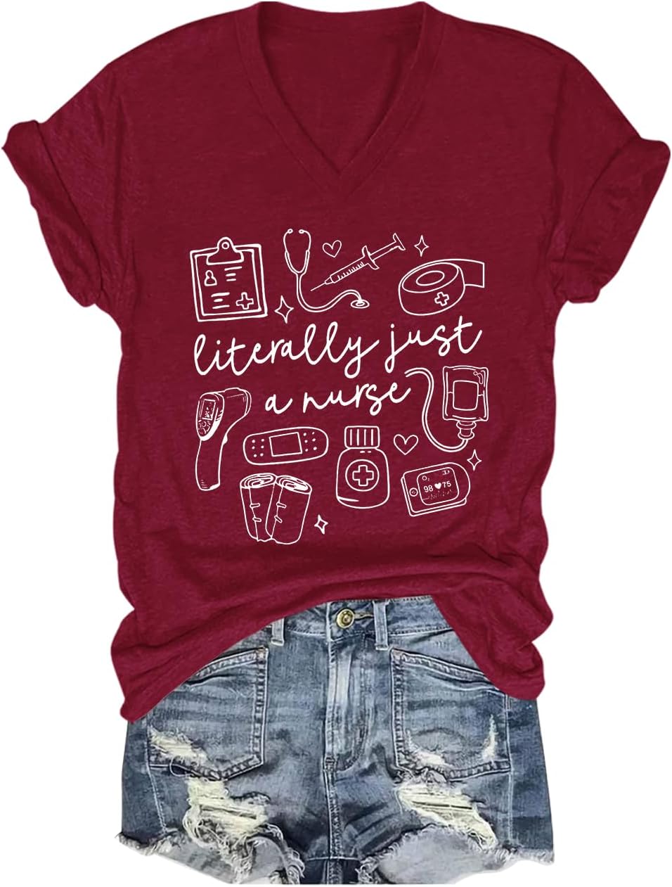 Literally Just A Nurse Shirt V Neck Literally Just A Nurse T-Shirt Funny Nurses Graphic T-Shirt - V-Neck Claret-1