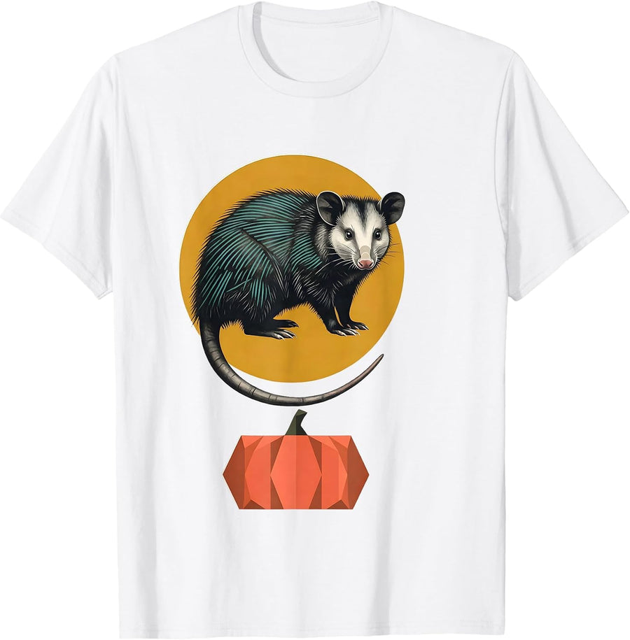 Men's Three-Quarter Opossum Moon Midcentury Halloween Spooky T-Shirt - White