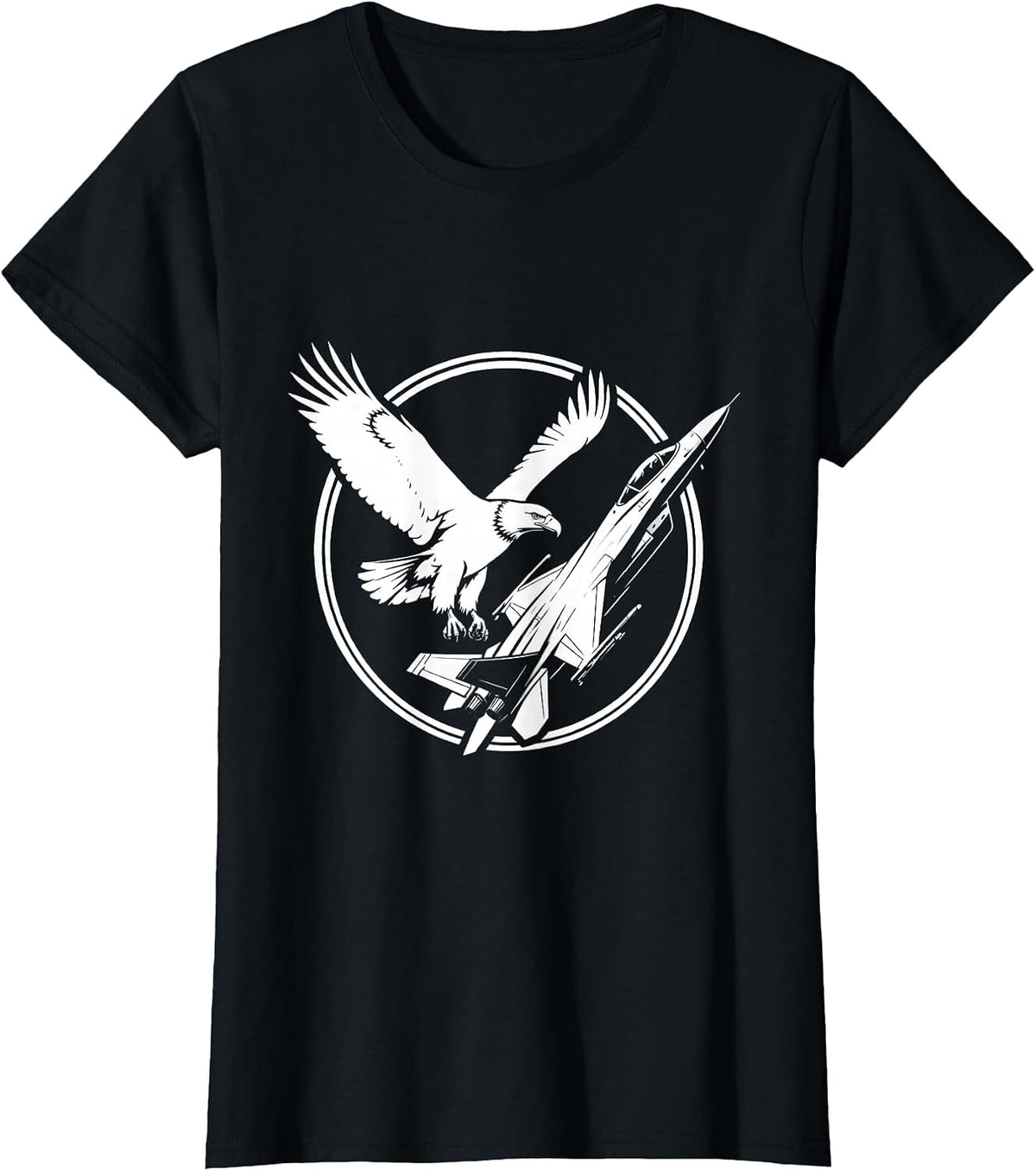 Women's Eagle Soaring With Fighter Jet Graphic Design T-Shirt - Black