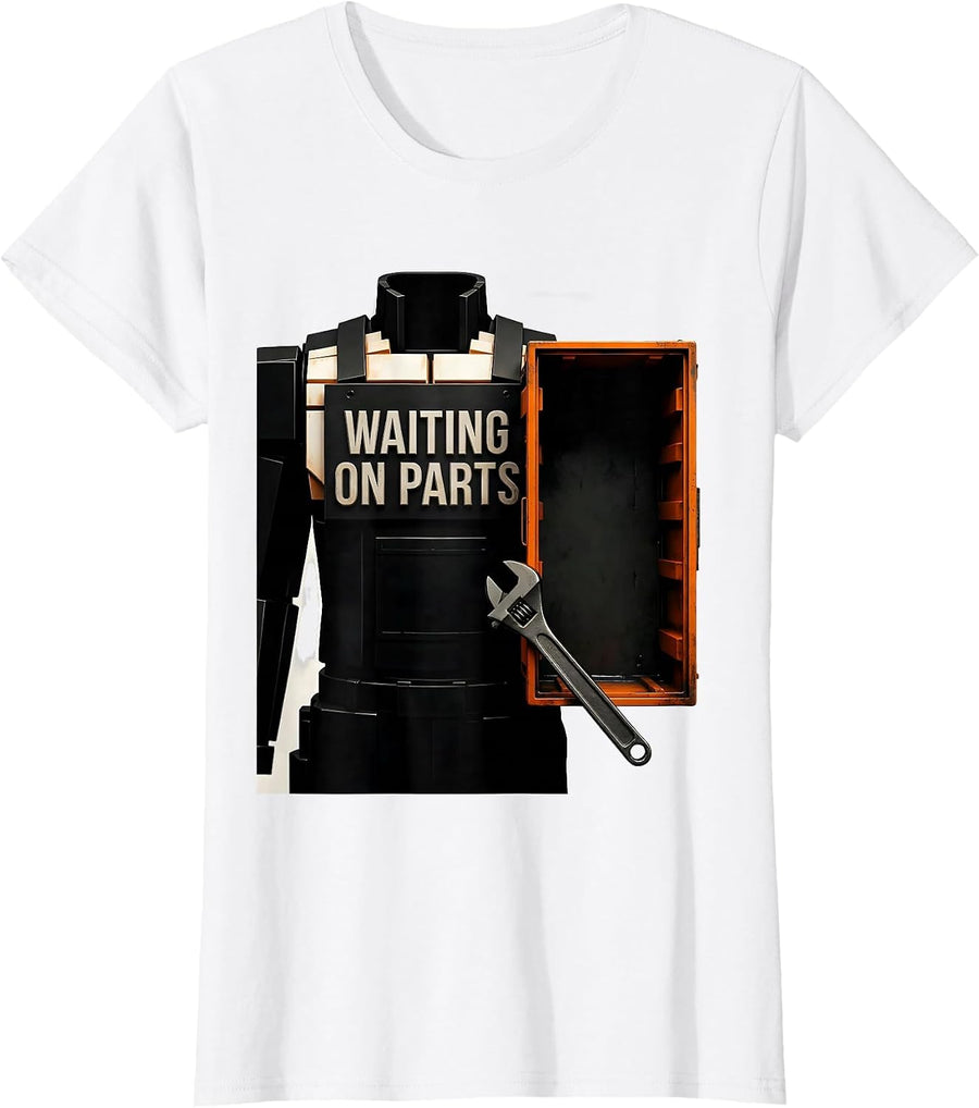 Women's Waiting On Parts Brutalist Graphic Funny Mechanic Auto T-Shirt - White