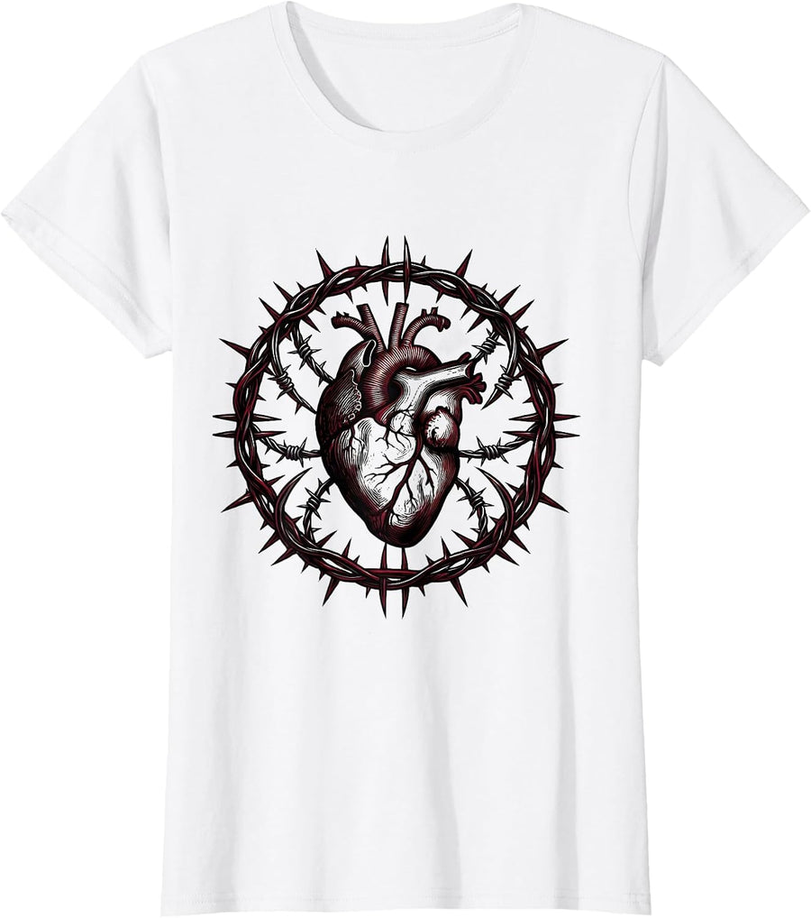 Women's Gothic Heart Wrapped in Barbed Wire Illustration T-Shirt - White