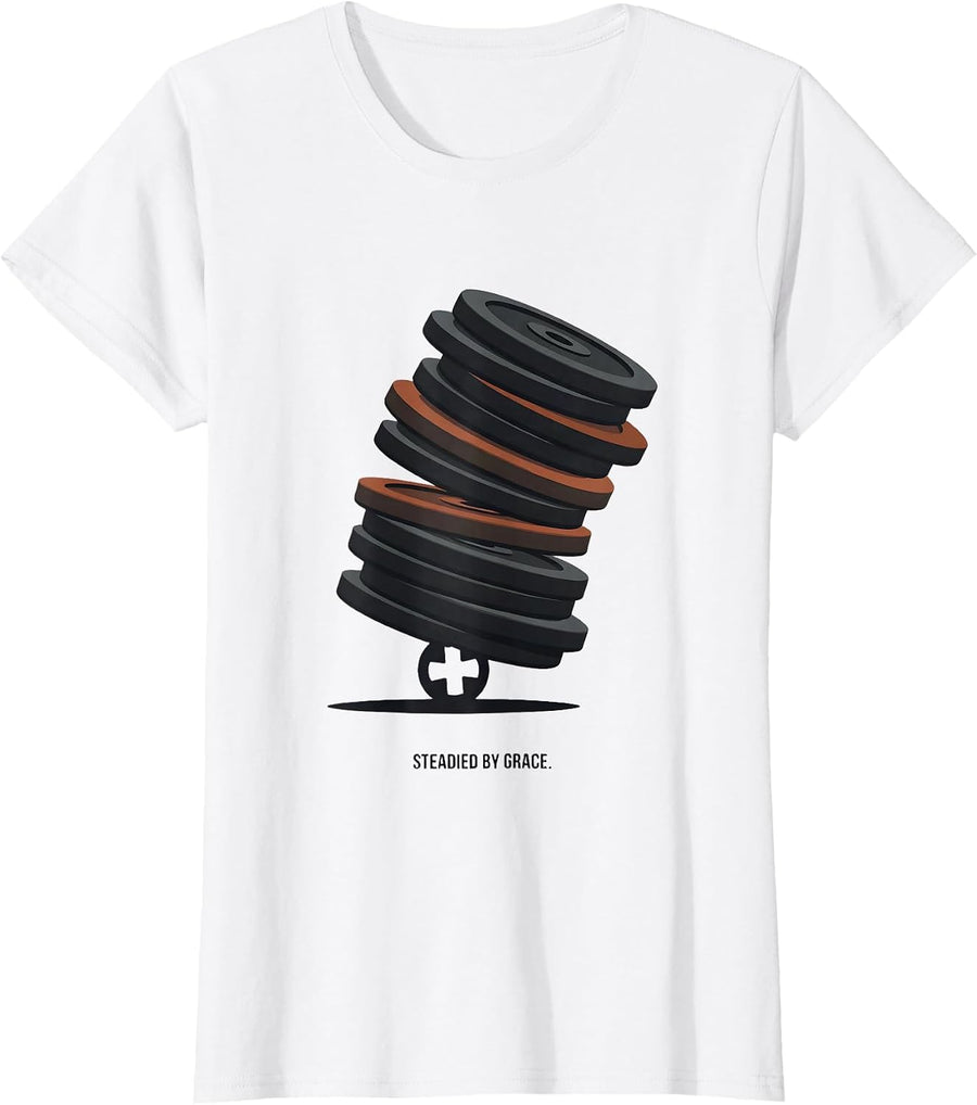 Women's Steadied By Grace Funny Christian Gym Weightlifter Scripture T-Shirt - White
