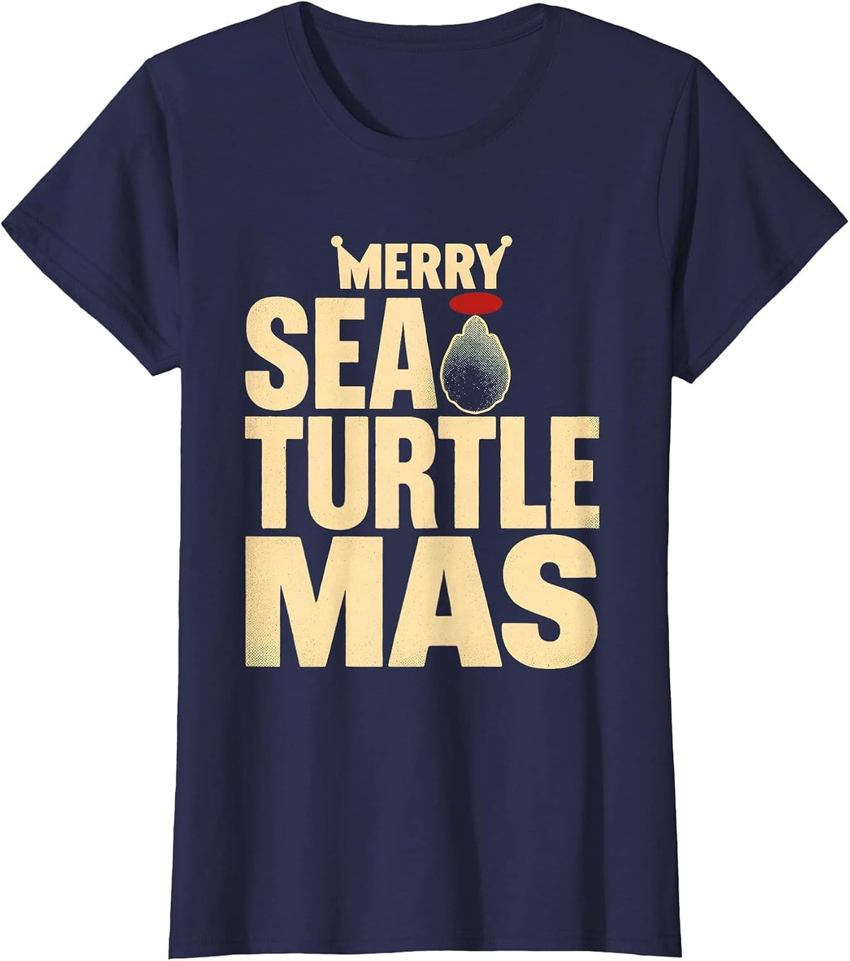 Women's Merry Sea Turtlemas Whimsical Novelty Christmas Sea Turtle T-Shirt - Navy Blue