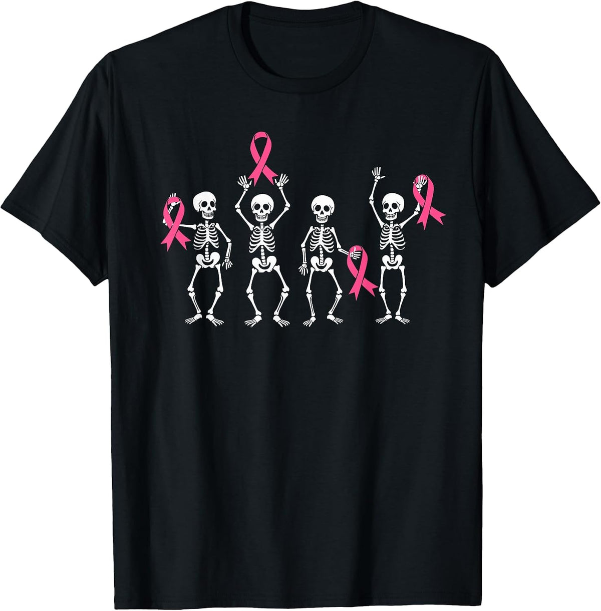 Skeletons Pink Ribbon Family Breast Cancer Awareness T-Shirt - Black