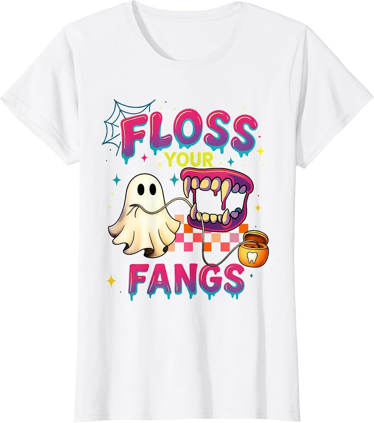 Floss Your Fangs Spooky Dentist Funny Boo Dental Halloween T-Shirt - White
