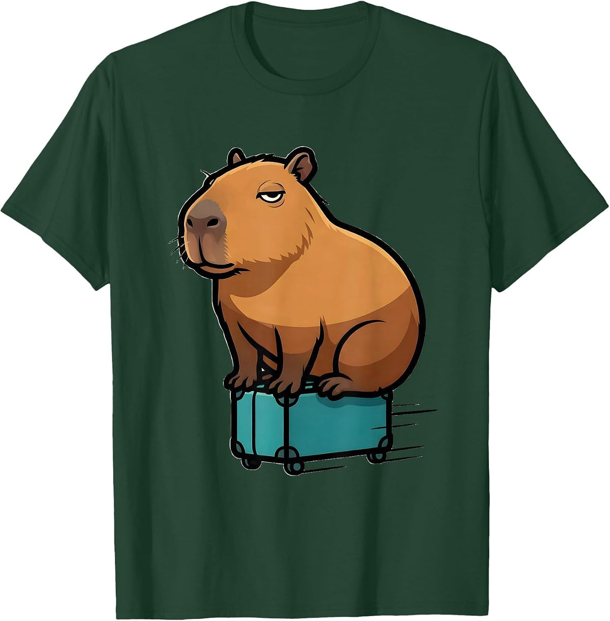 Capybara Riding Suitcase Cartoon Funny Animal Humor T-Shirt - Dark Green
