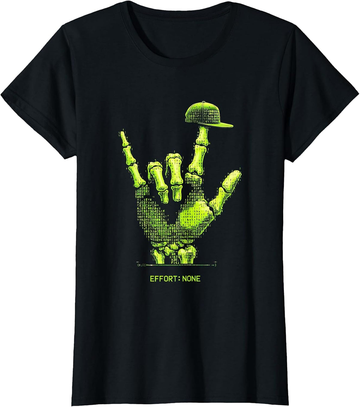Women's Effort: None Ascii Terminal Art Skeleton Rock On Bruh T-Shirt - Black