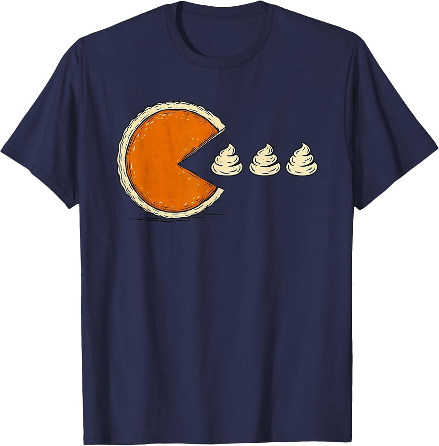 Funny Retro Arcade Game Thanksgiving Pumpkin Pie Chasing T-Shirt - Navy Blue