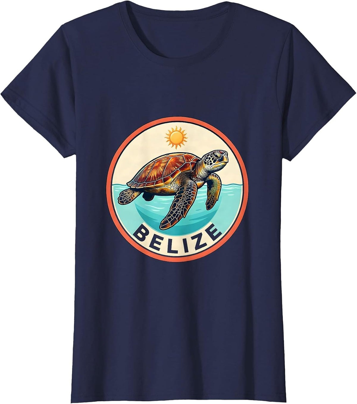 Women's Belize Vintage Sea Turtle Badge Beach Vacation Souvenir T-Shirt - Navy Blue