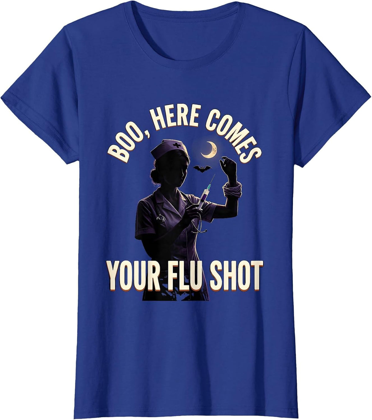 Women's Boo Here Comes Your Flu Shot Funny Nurse Ghost Halloween T-Shirt - Royal Blue