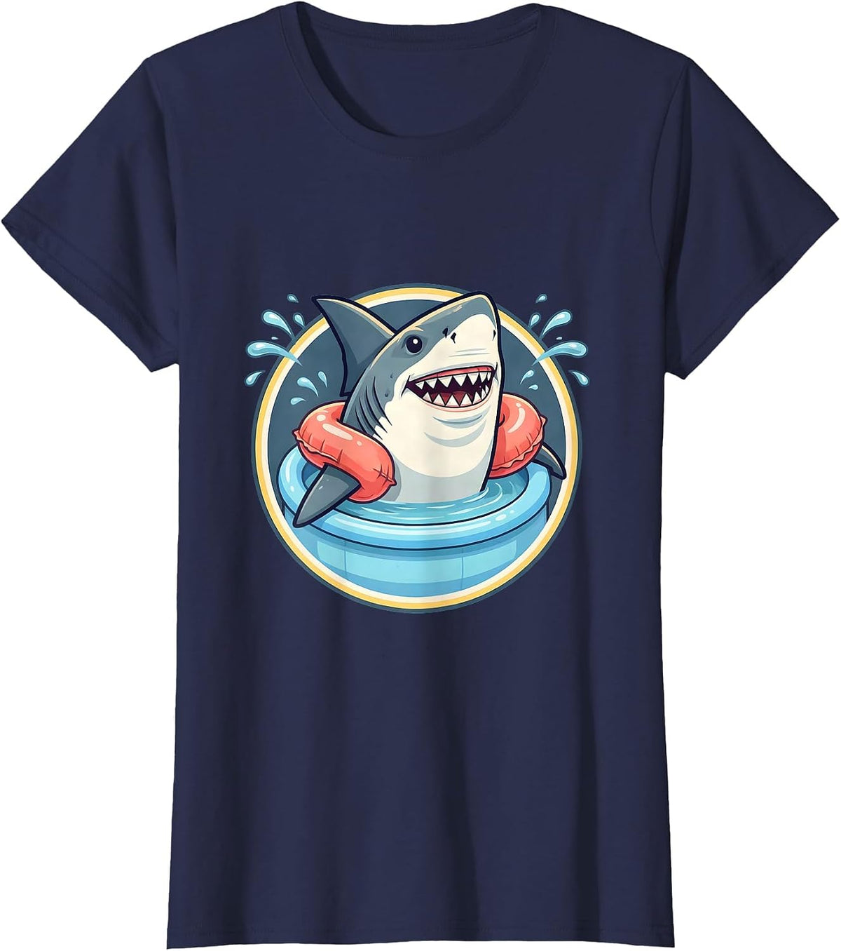 Women's Shark In Floaties Kiddie Pool Funny Illustration T-Shirt - Navy Blue