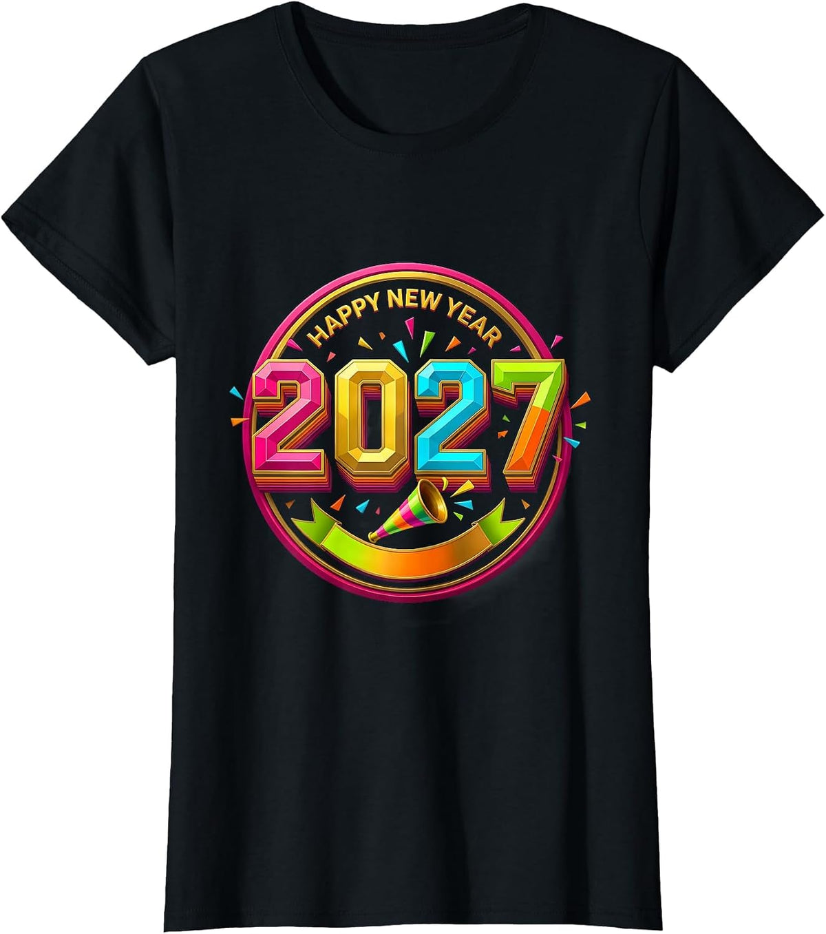 Women's Happy New Year 2027 Colorful Party Host Family Matching T-Shirt - Black
