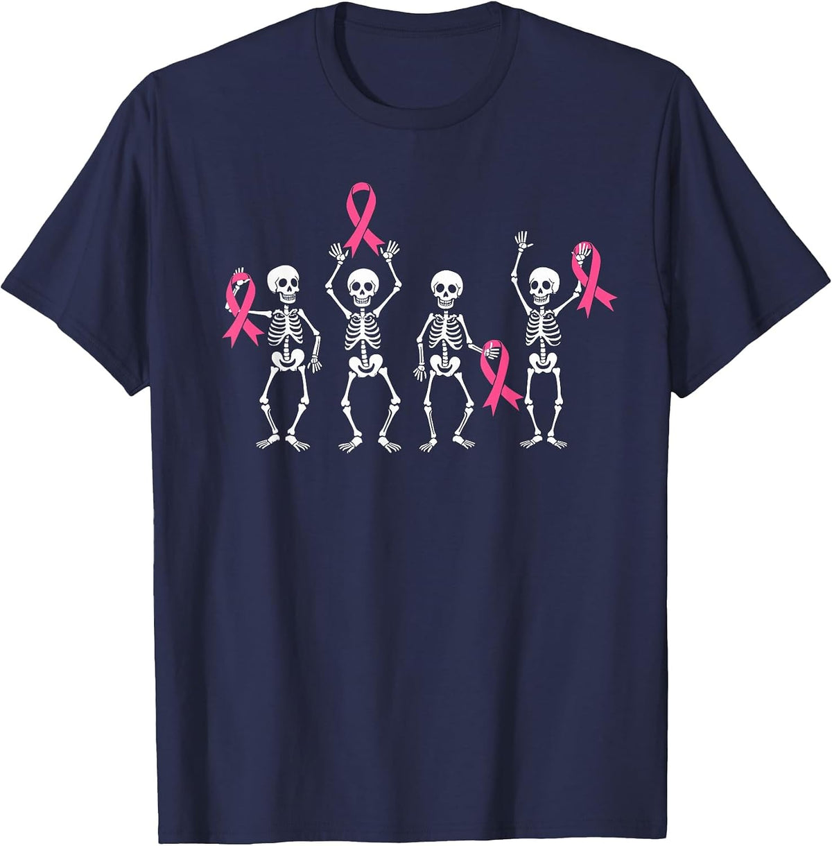 Skeletons Pink Ribbon Family Breast Cancer Awareness T-Shirt - Navy Blue