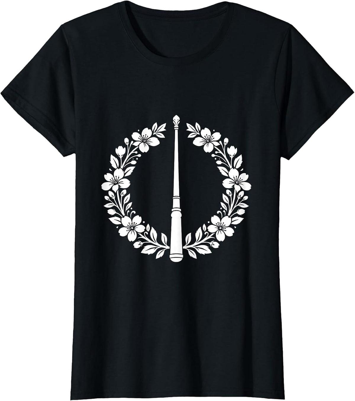 Band Mom Drum Major Baton Floral Wreath Design T-Shirt - Black