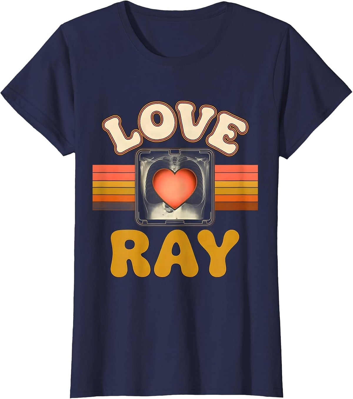 Women's Love Ray Retro 70s Radiology Tech Valentine Skeleton Humor T-Shirt - Navy Blue