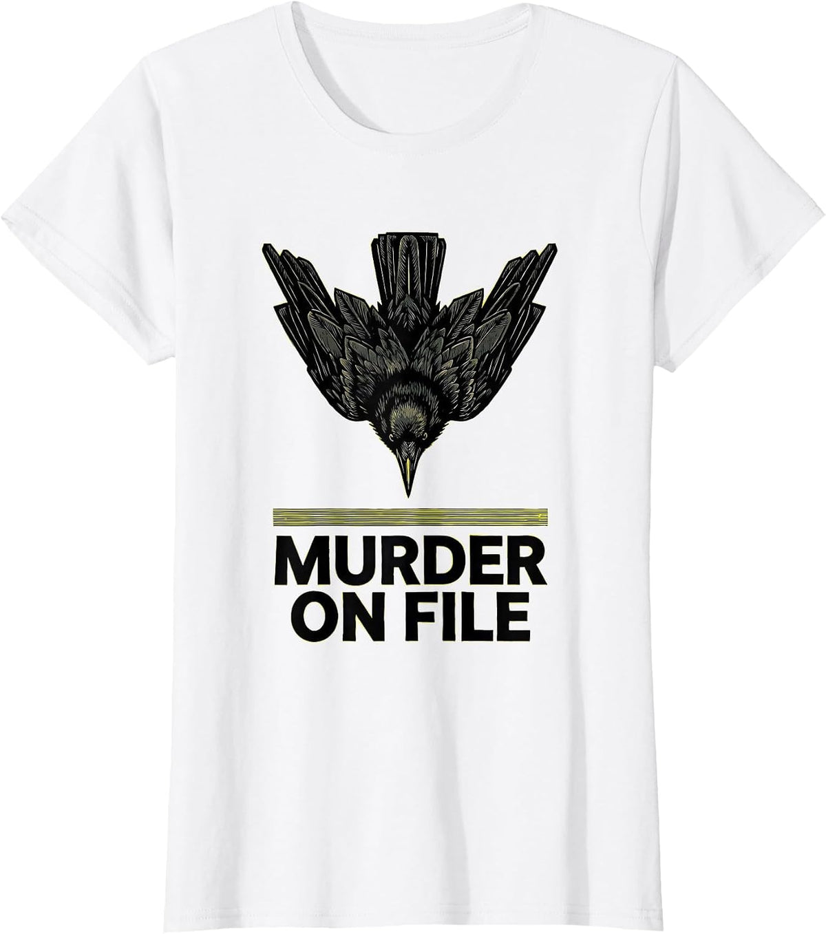 MURDER ON FILE Stencil Crow Dark Humor Gothic Bird Lover T-Shirt - White