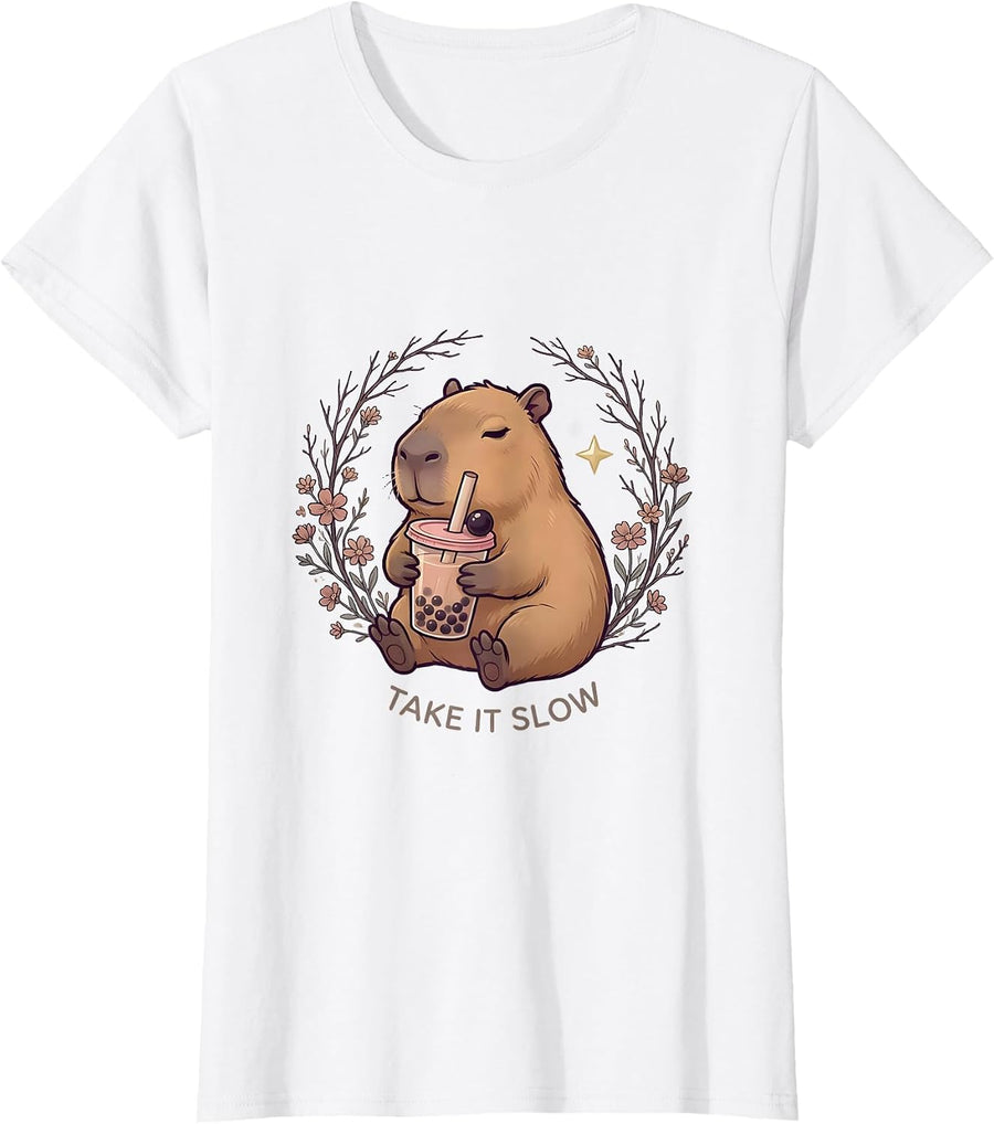 Women's Take It Slow Cute Capybara Kawaii Bubble Tea Boba Lover T-Shirt - White