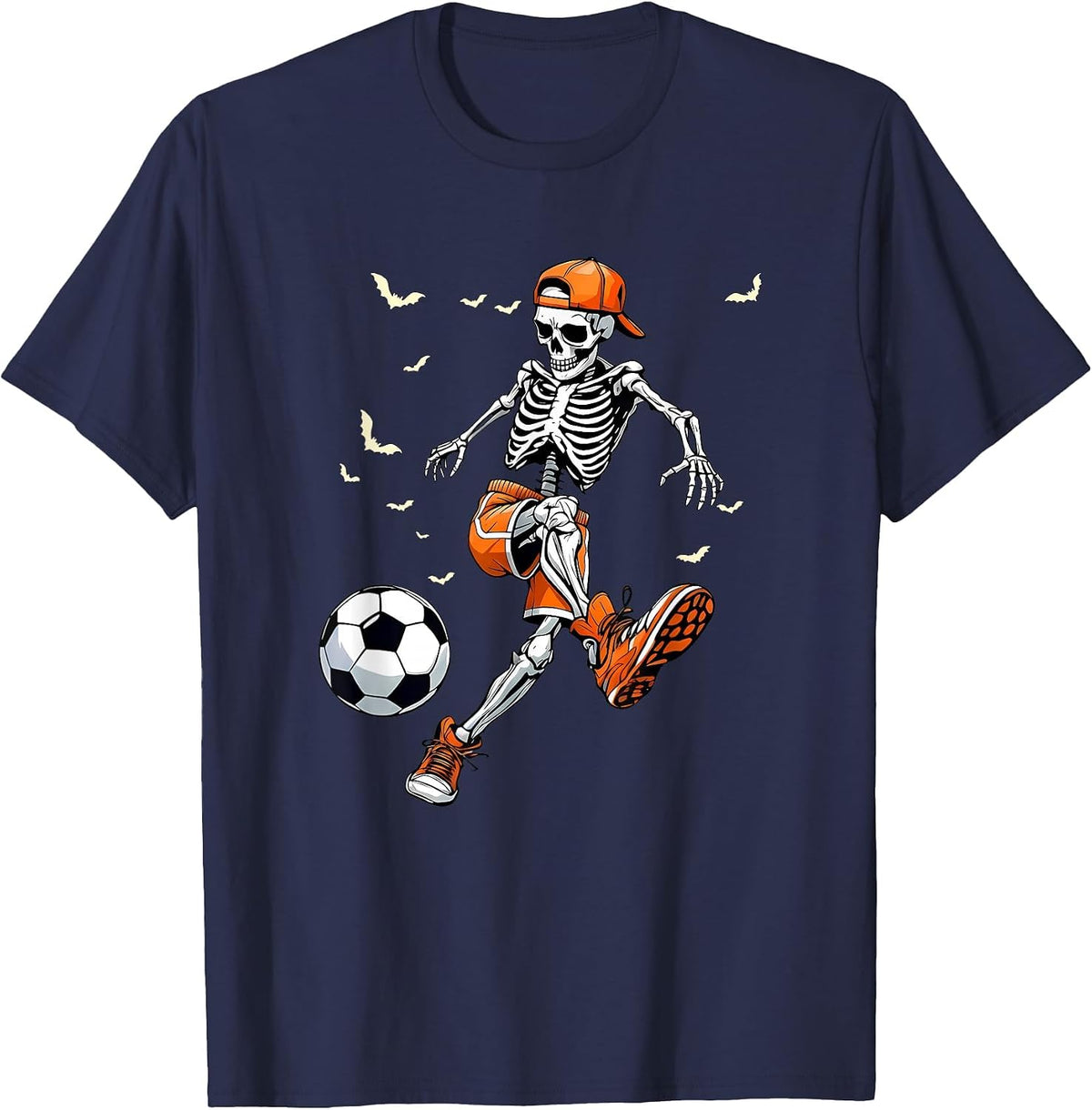 Funny Spooky Skeleton Soccer Tee | Boys & Kids Halloween T-Shirt - Navy Blue