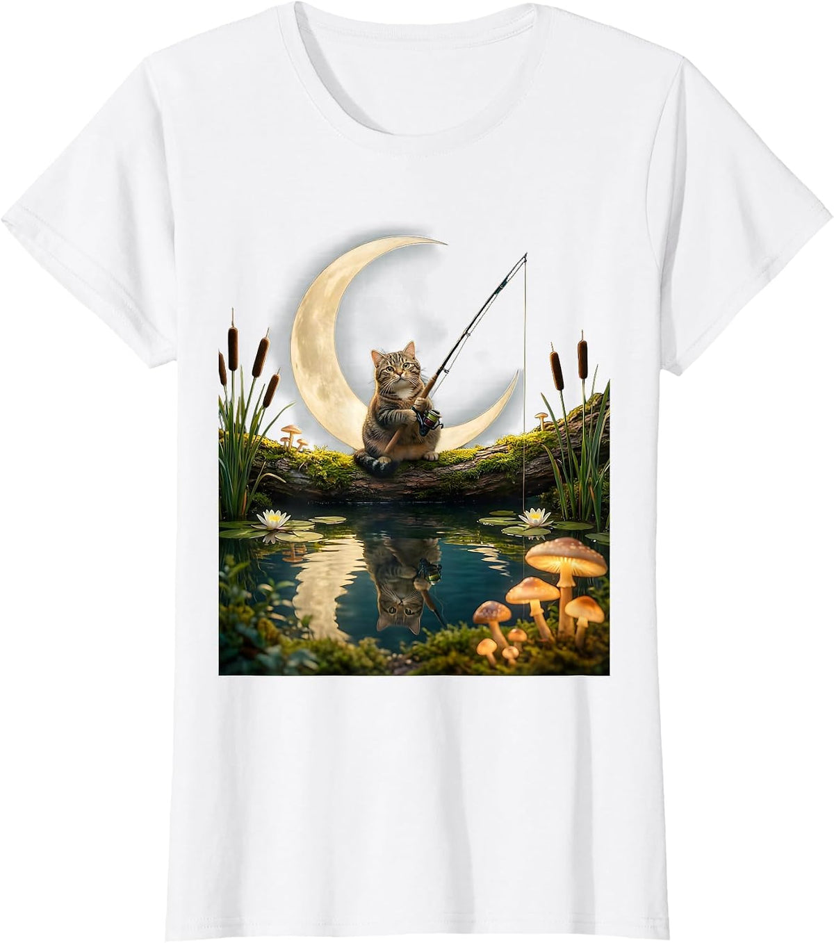 Tabby Cat Fishing at Moonlit Pond T-Shirt - White