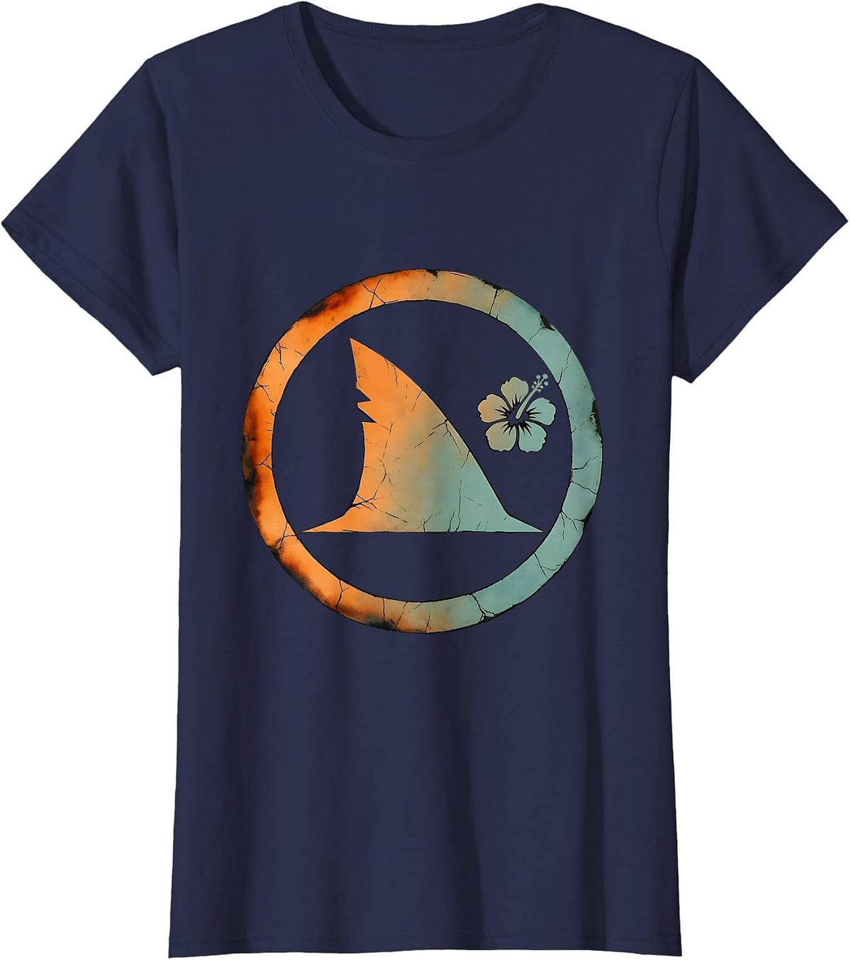 Women's Shark Fin Glassy Ocean Wave Surf Design T-Shirt - Navy Blue