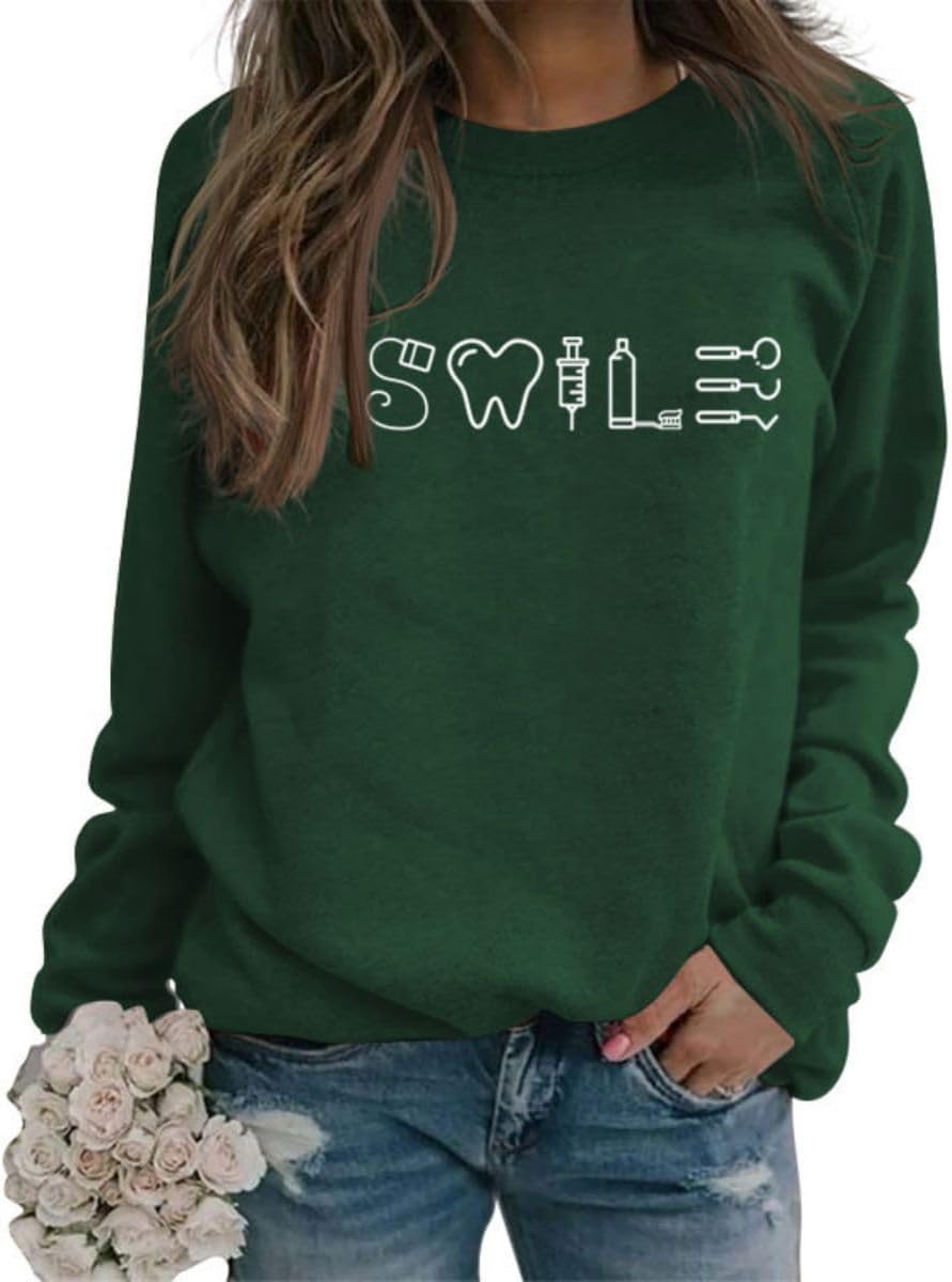 Smile Teeth Sweatshirt for Women Dentist Crewneck Sweatshirt Smile Dental Long Sleeve Shirt Dental Student Shirt - Dark Green