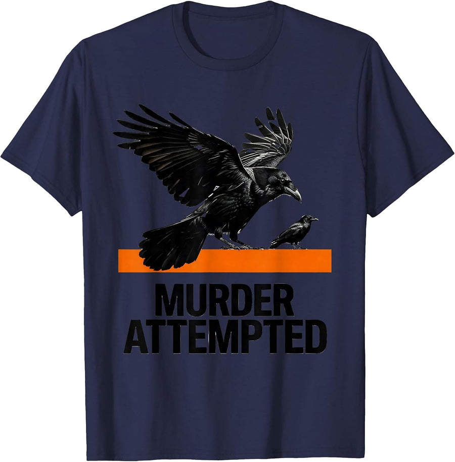 Murder Attempted Brutalist Graphic Crow Lover Dark Humor T-Shirt - Navy Blue