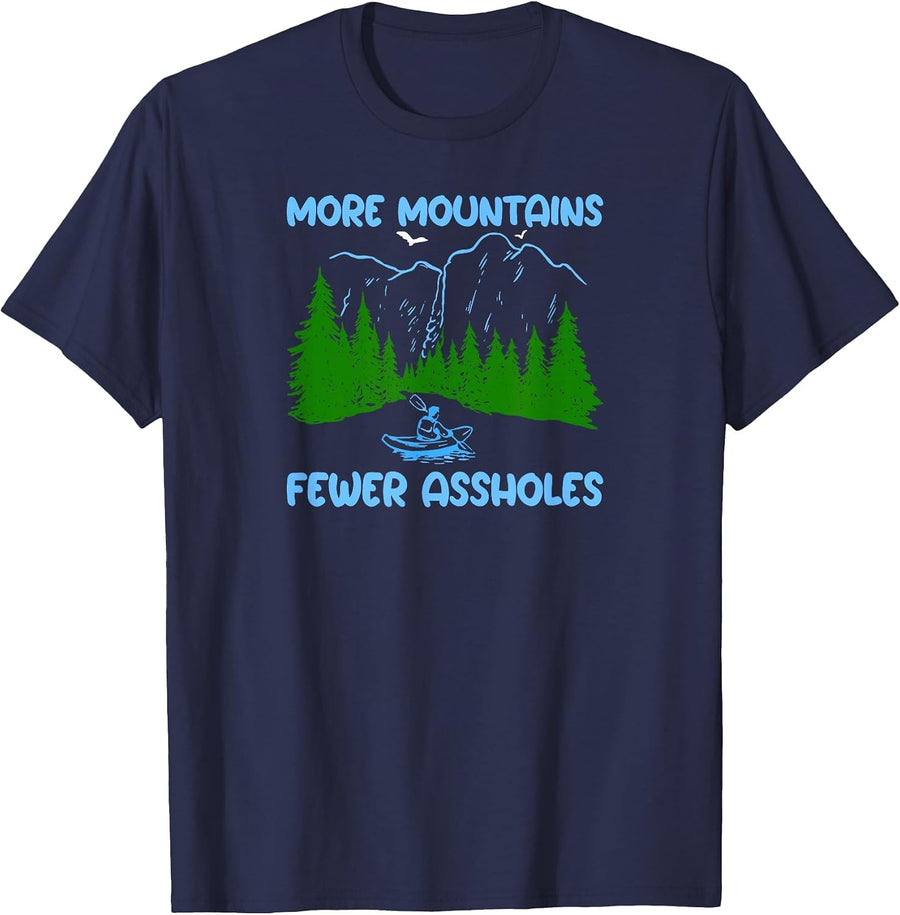 More Mountains Less Assholes Mountain Rafting Scene T-Shirt - Navy Blue