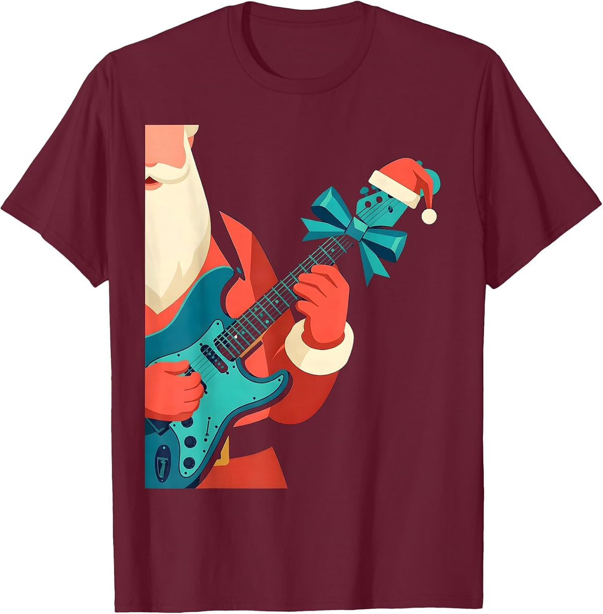 Men's Cropped Santa Rock Guitar Flat Vector Musician Gift T-Shirt - Burgundy
