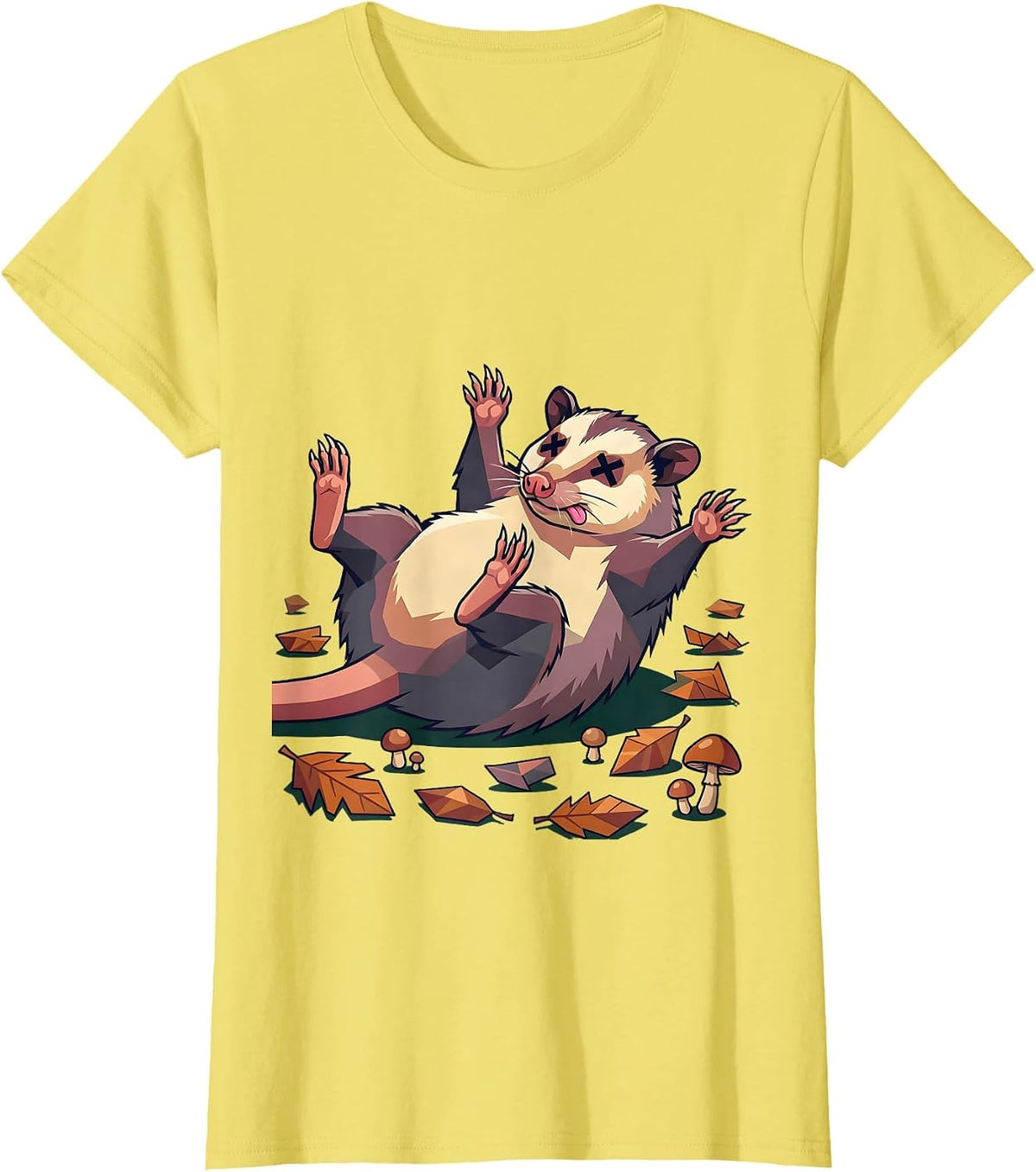 Opossum Playing Dead Forest Floor Illustration T-Shirt - Lemon Yellow