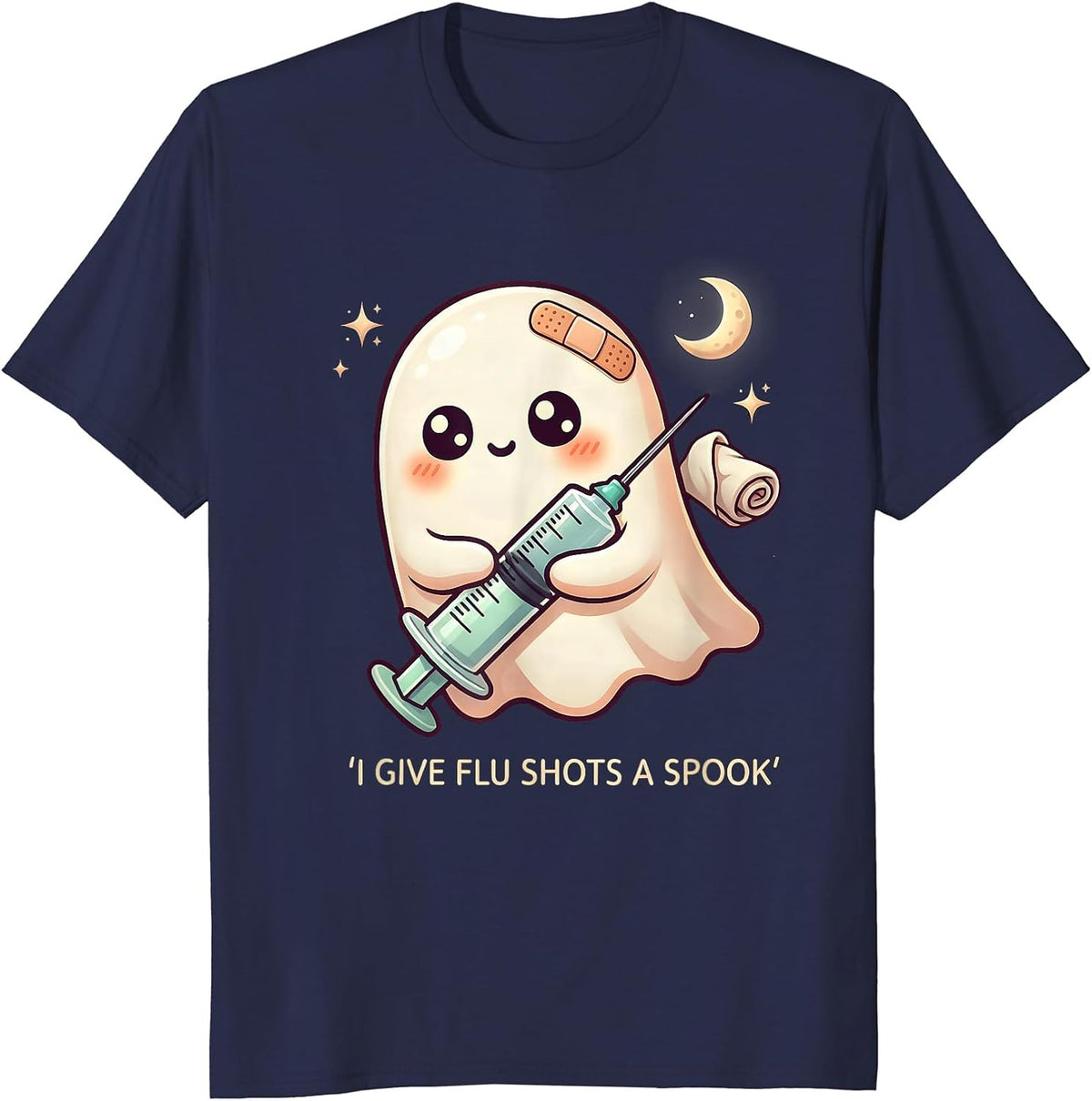 I Give Flu Shots A Spook Cute Kawaii Halloween Nurse Ghost T-Shirt - Navy Blue