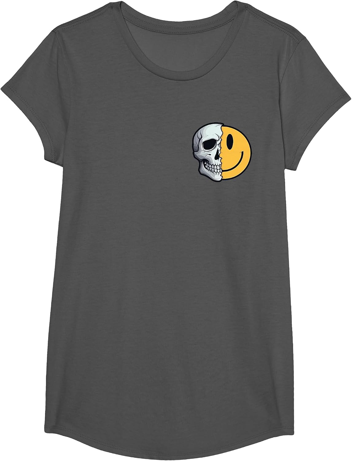 Half Skull Smile Face Rave Skeleton 70s 80s 90s Tattoo T-Shirt - Girls Asphalt Grey