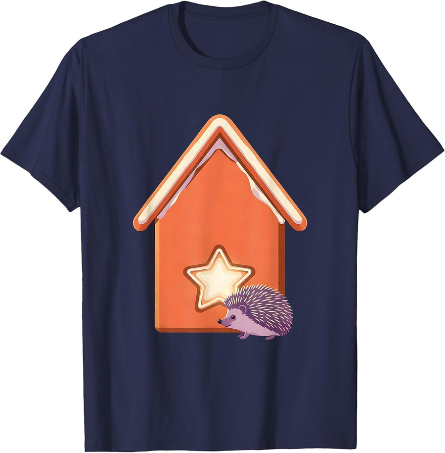 Tiny Hedgehog Gingerbread House Cute Christmas Humor T-Shirt - Navy Blue