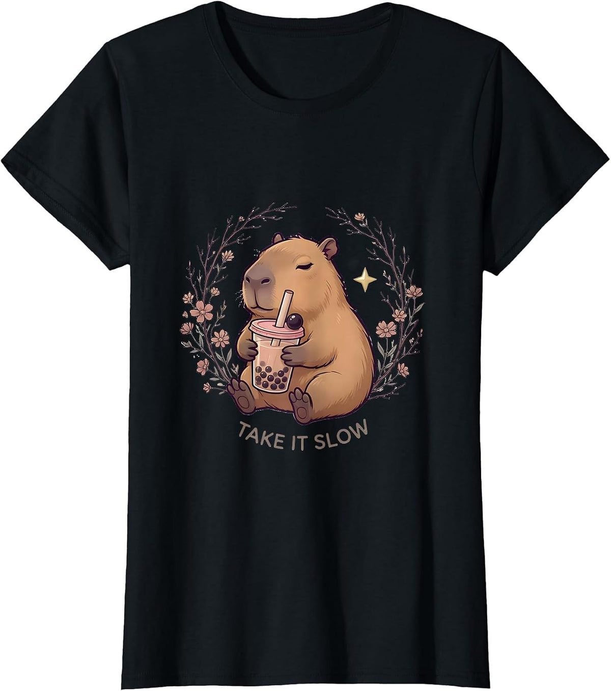Women's Take It Slow Cute Capybara Kawaii Bubble Tea Boba Lover T-Shirt - Black