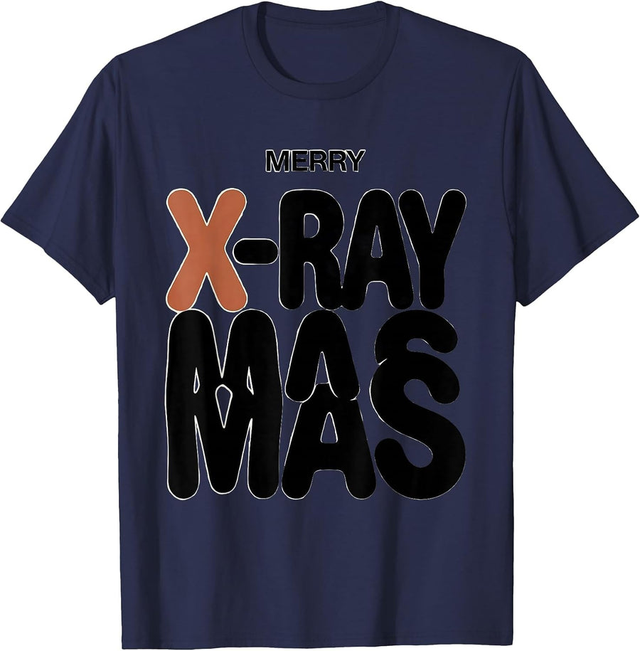 Merry X-Raymas Funny Radiology Tech Christmas Skeleton Humor T-Shirt - Navy Blue