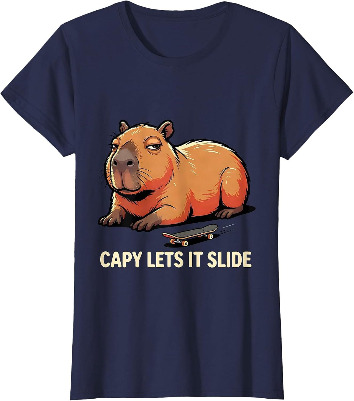 Women's Capy Lets It Slide Funny Cartoon Capybara Animal Meme Humor T-Shirt - Navy Blue