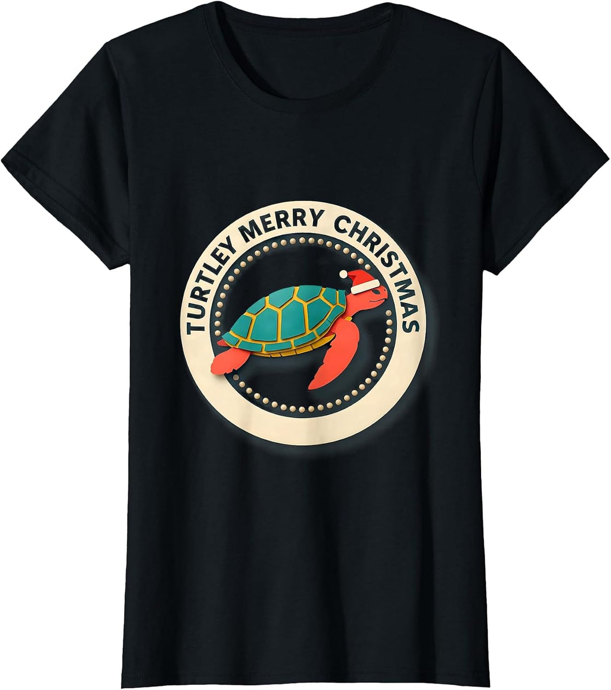 Women's Turtley Merry Christmas Whimsical Sea Turtle Santa Hat T-Shirt - Black