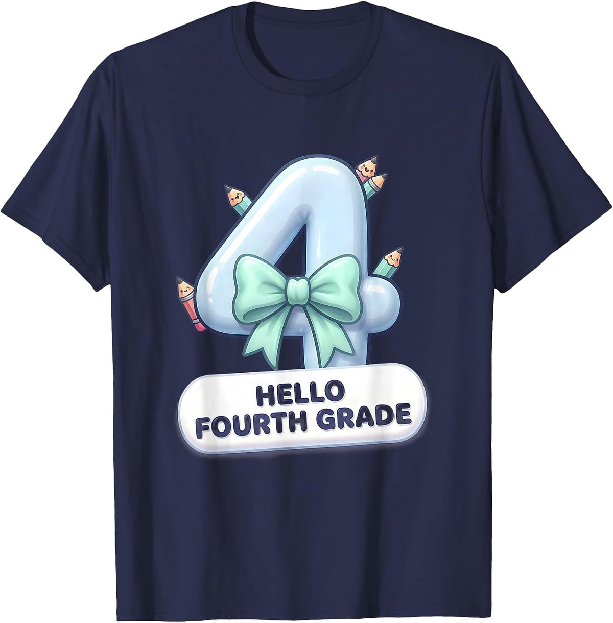 Men's Hello Fourth Grade Cute Kawaii Coquette Bow Back to School T-Shirt - Navy Blue