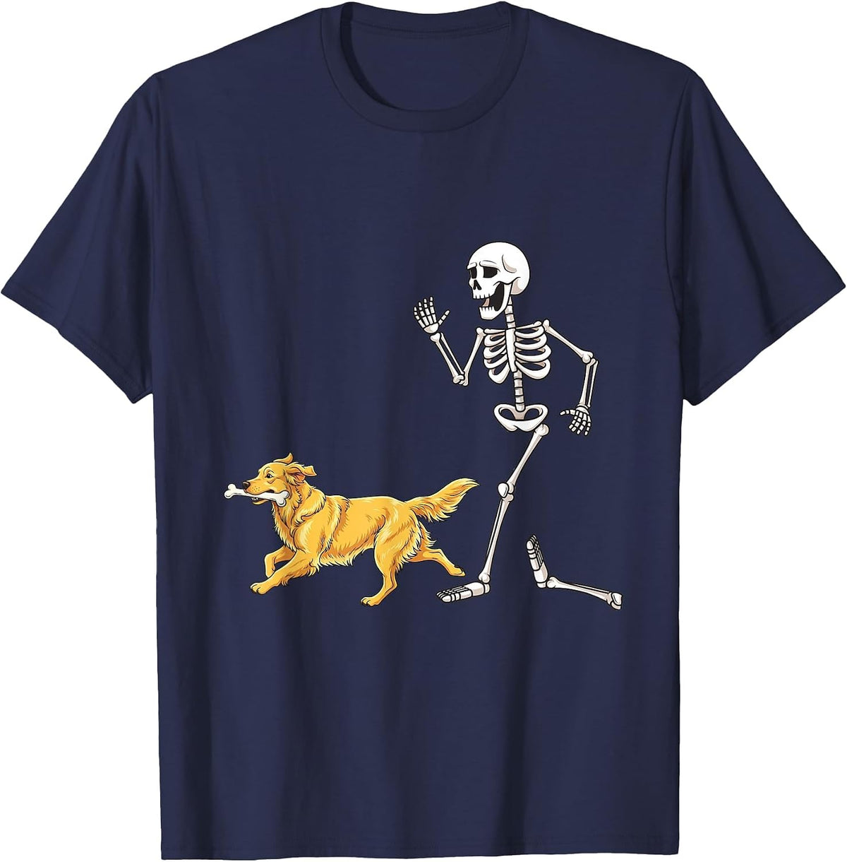 Funny Halloween Golden Retriever and Skeleton T-Shirt - Navy Blue