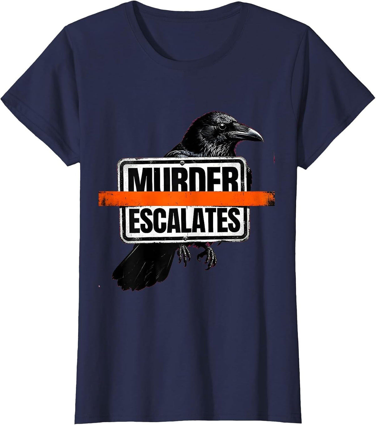Women's Murder Escalates Brutalist Dark Humor Crow Raven Bird Lover T-Shirt - Navy Blue