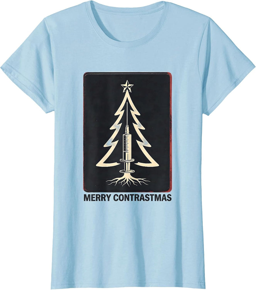Women's Merry Contrastmas Radiology Tech Christmas Skeleton Humor T-Shirt - Baby Blue