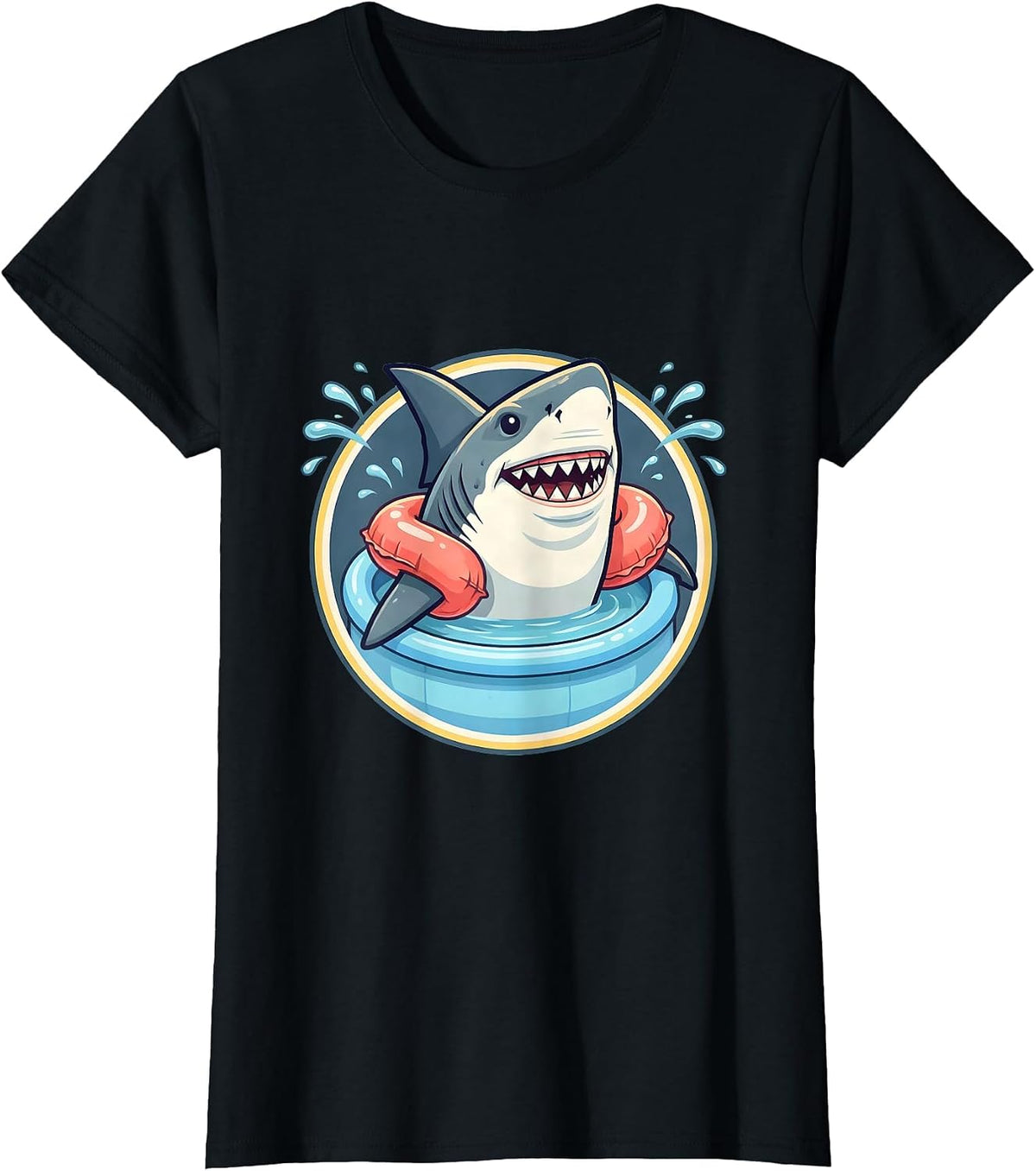 Women's Shark In Floaties Kiddie Pool Funny Illustration T-Shirt - Black