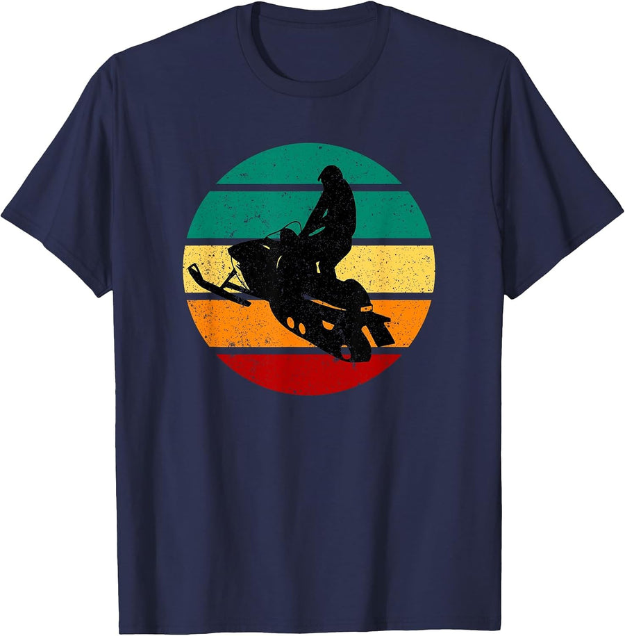 Snowmobile Vintage Motor Sled & Sunset Winter Sports Alpine T-Shirt - Navy Blue