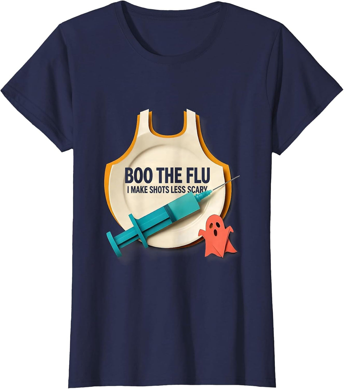 Women's Boo the Flu I Make Shots Less Scary Funny Nurse Halloween T-Shirt - Navy Blue