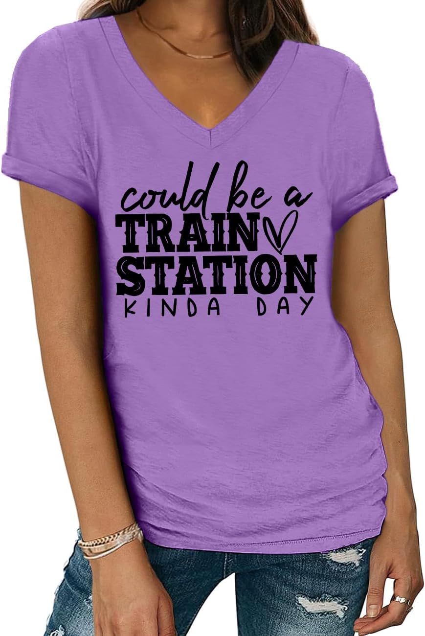 Could Be A Train Station Kind of Day Shirt V Neck Train Station Tshirts for Women Men - Purple