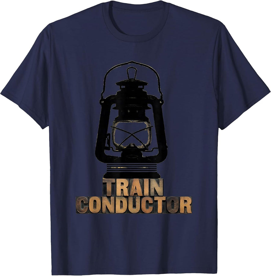 Train Conductor Wood Type Letterpress Halloween Costume T-Shirt - Navy Blue