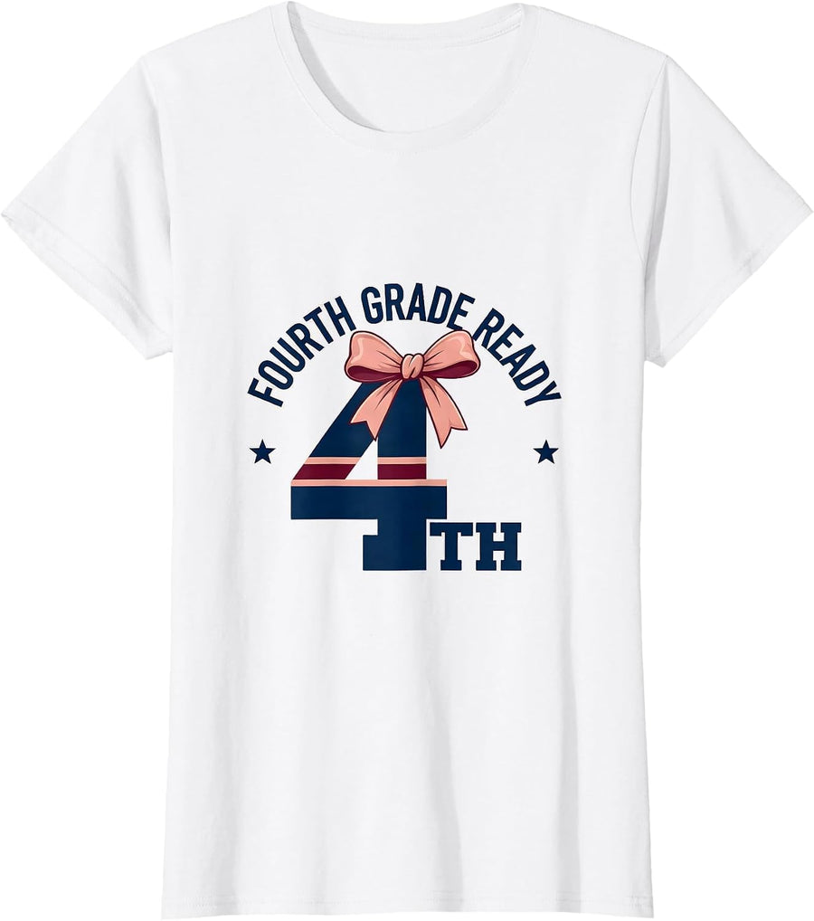 Women's Fourth Grade Ready Coquette Bow Back to School Girl T-Shirt - White