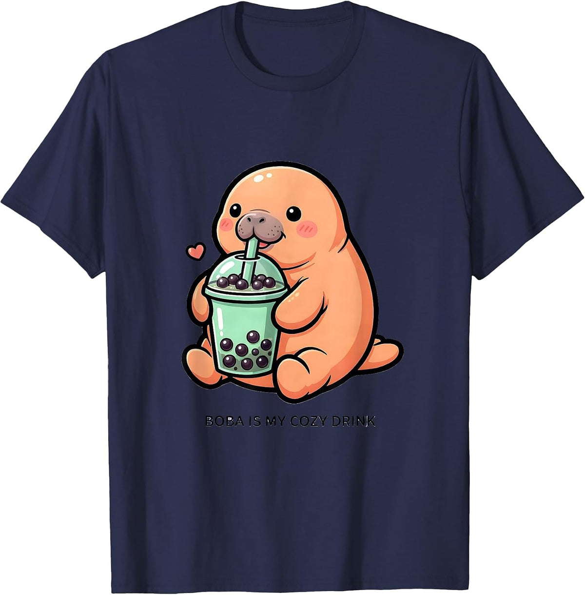Men's Boba Is My Cozy Drink Cute Kawaii Manatee Bubble Tea Lover T-Shirt - Navy Blue